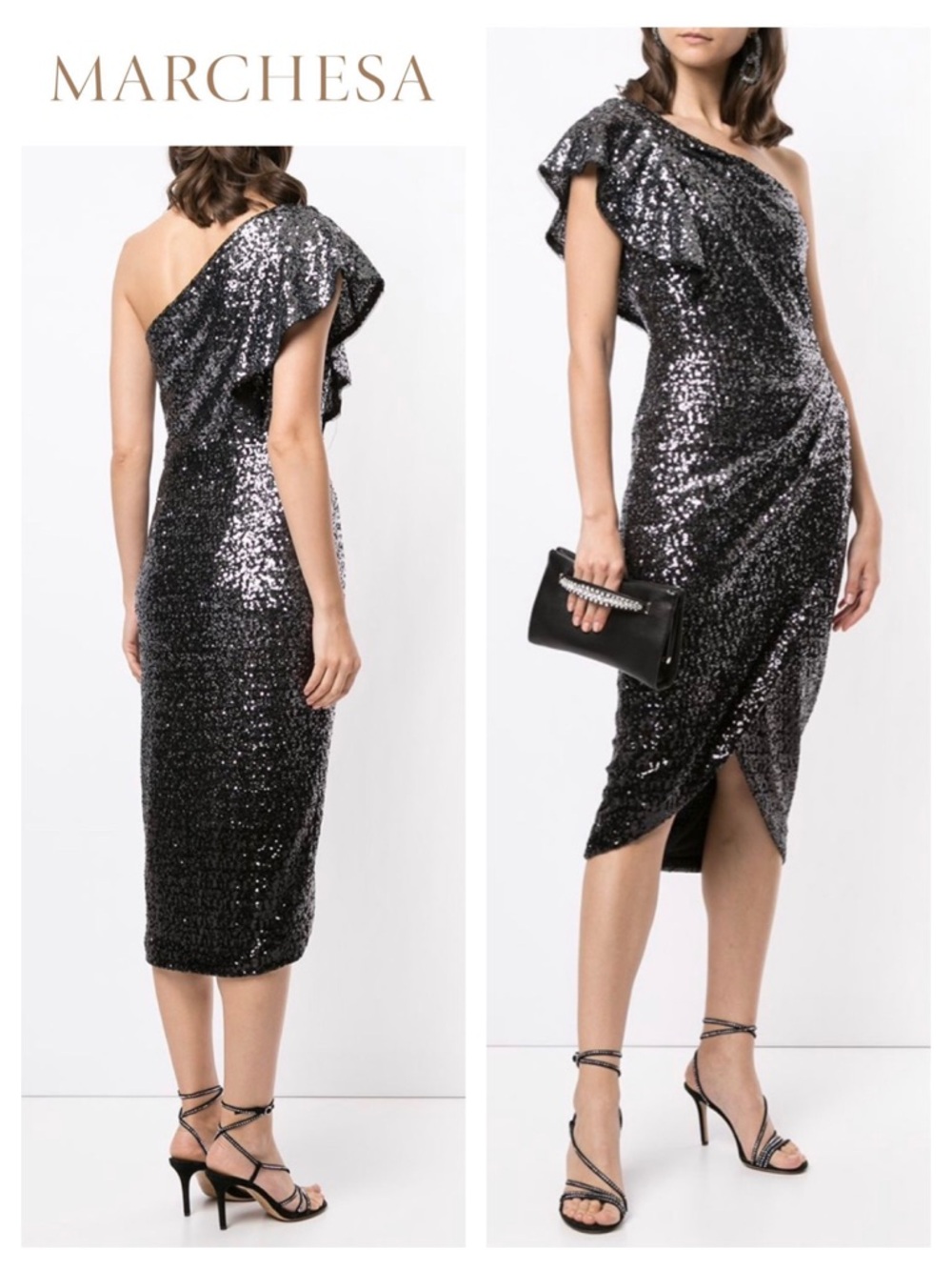MARCHESA NOTTE One Shoulder Sequin Wrap Dress